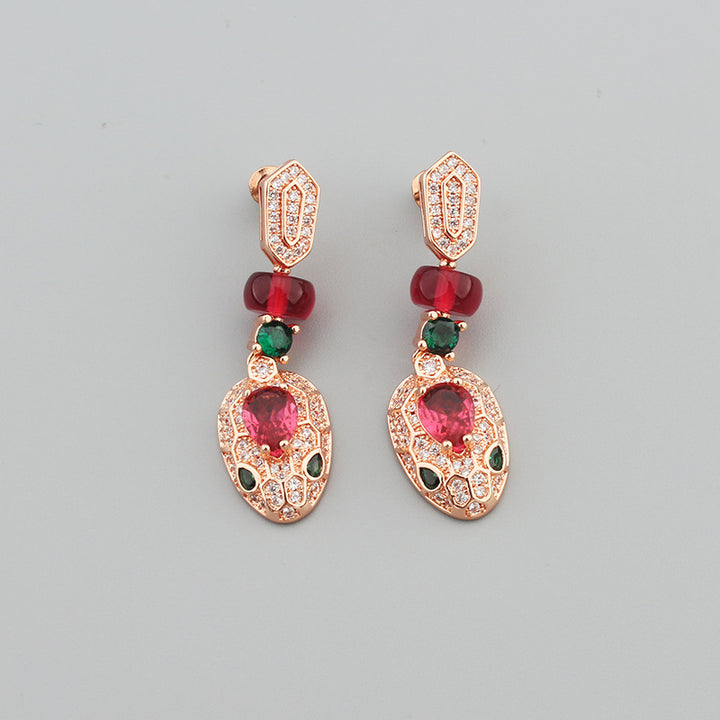 CZ Serpent Earrings Red/Green Gemstones Drop Earrings Snake Head Dangle Earrings Bijou Era Store