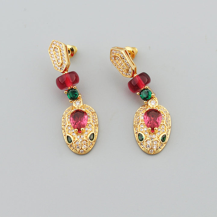 CZ Serpent Earrings Red/Green Gemstones Drop Earrings Snake Head Dangle Earrings Bijou Era Store