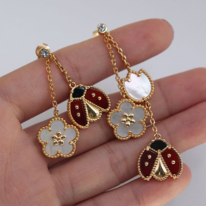 Spring Garden Ladybug and Blossom Drop Earrings | 18K Gold Asymmetric Cherry Blossom Dangle Earrings Bijou Era Store