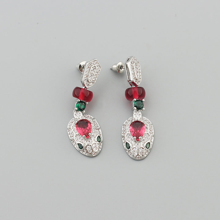 CZ Serpent Earrings Red/Green Gemstones Drop Earrings Snake Head Dangle Earrings Bijou Era Store