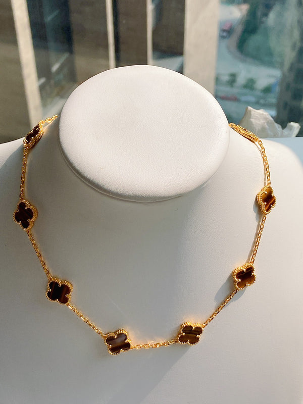 Tiger's Eye 10 Clover Gold Necklace 15mm Motif Pendant Choker