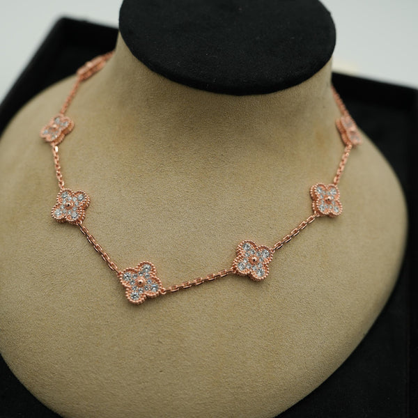All CZ 10 Motif Clover Necklace Rose Gold
