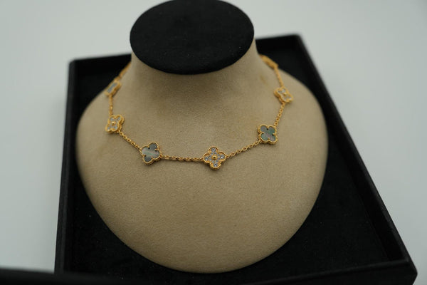 Gray MoP & CZ 10 Motif Clover Necklace Gold