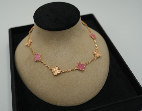 Rhodonite & Guilloche 10 Motif Clover Necklace Rose Gold