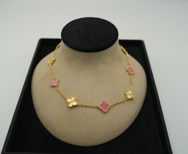 Rhodonite & Guilloche 10 Motif Clover Necklace Gold