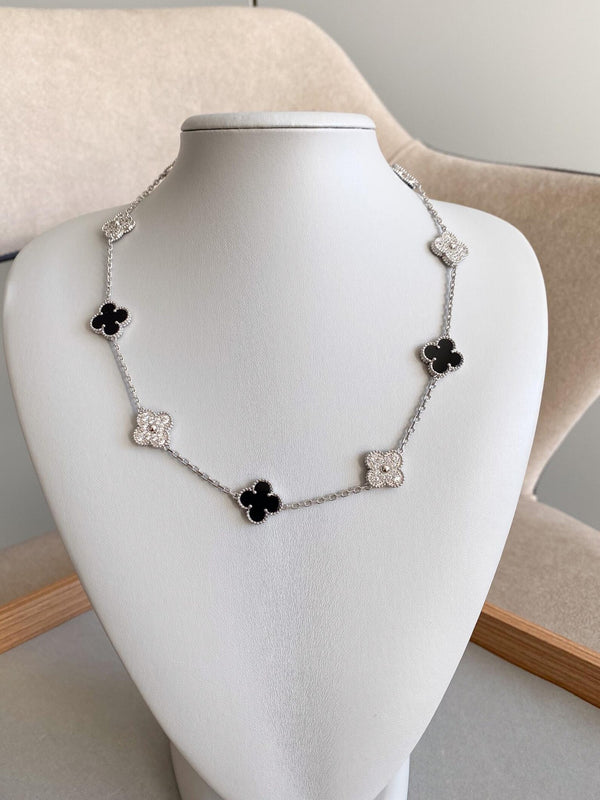 Onyx & CZ 10 Motif Clover Necklace White Gold