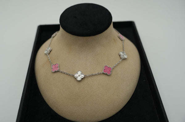 Rhodonite & Guilloche 10 Motif Clover Necklace White Gold