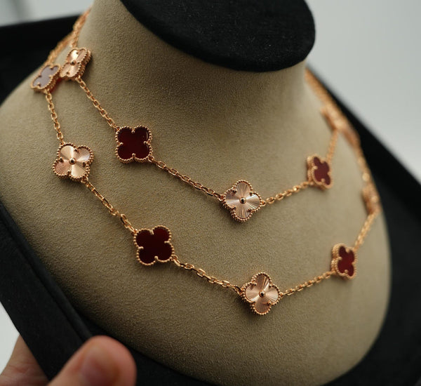 Collier à 20 motifs cornaline et guilloché, long collier en or trèfle de 15 mm