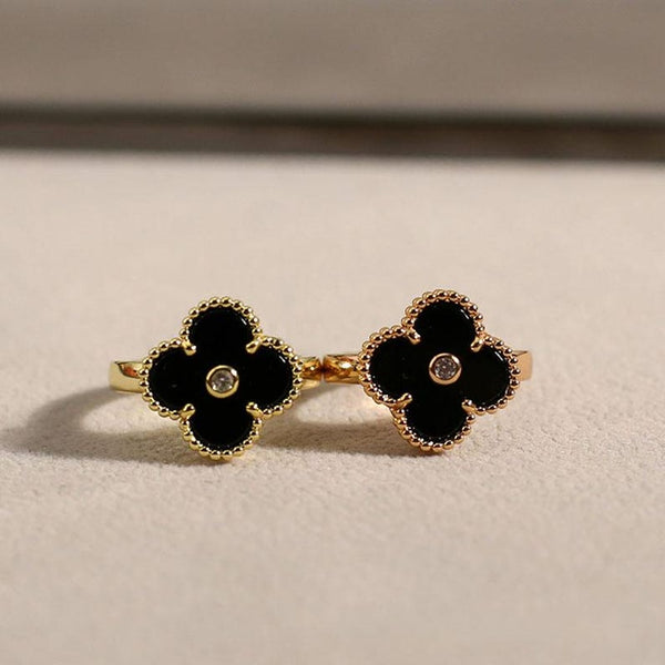 Onyx and Diamond Clover Ring Single Motif Statement Ring