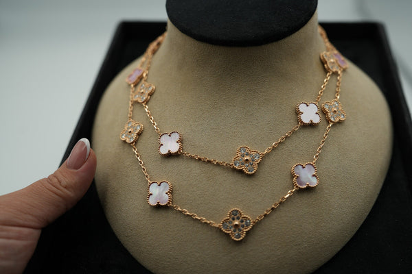 Exclusive Pink Mother of Pearl & CZ 20 Motif Necklace 15mm Clover 925 Silver 18k Rose Gold Plated 15mm Bijou Era Store