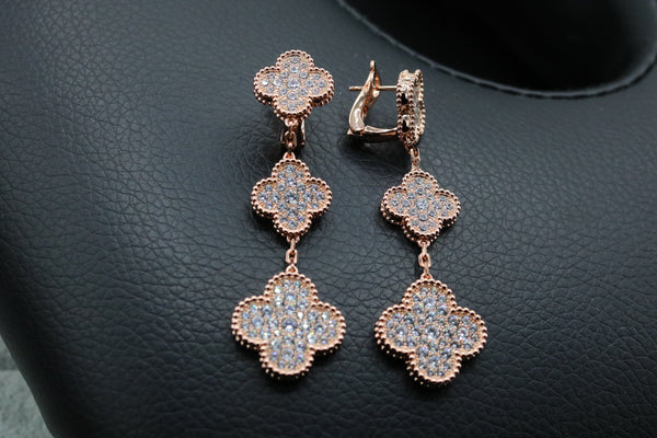 CZ 3 Motif Clover Drop Earrings 18k Rose Gold Bijou Era Store