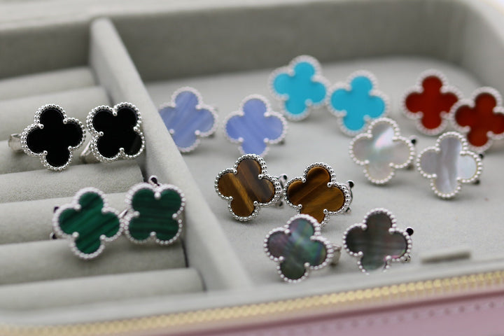 15mm Clover Gemstone Earrings White Gold with Push Back Closure.