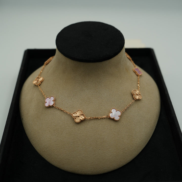 Pink Mother of Pearl & Guilloche 10 Motif 15mm Clover 18K Rose Gold Necklace Bijou Era Store