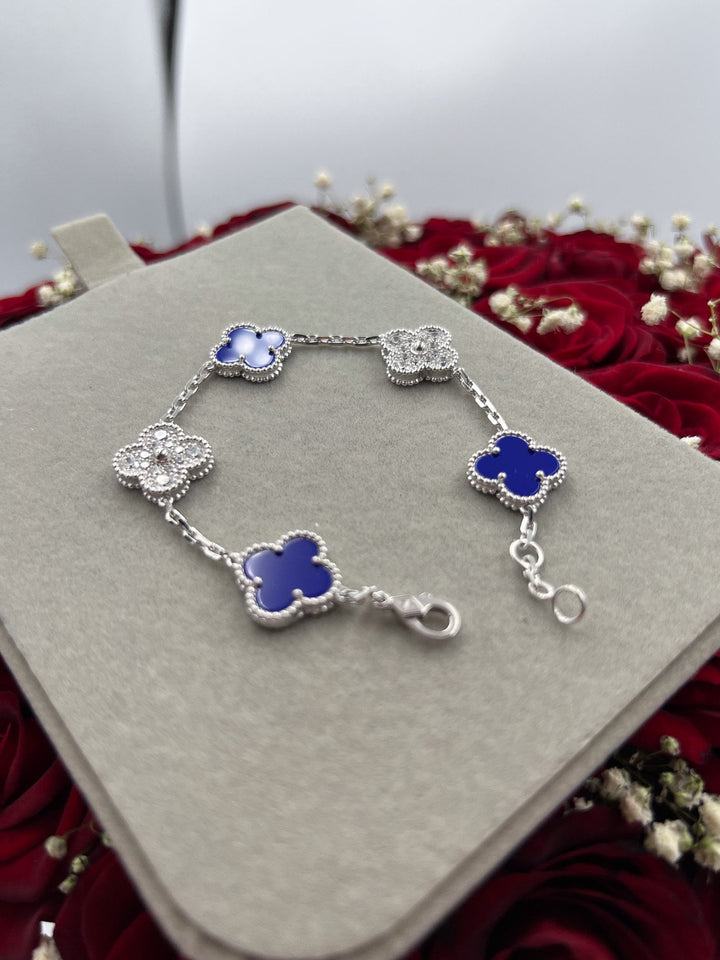 Lapis Lazuli & CZ 5 Motif Bracelet 15mm Clover 18k White Gold Bijou Era Store