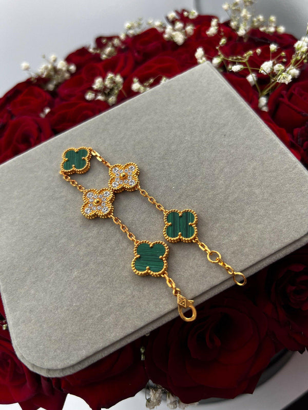 CZ & Malachite 5 Motif Bracelet 15mm Charm Bracelet 18k Gold.