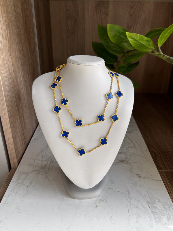 Blue Agate 20 Motif Necklace 15mm Clover 18k Gold Plated Opera Necklace Bijou Era Store