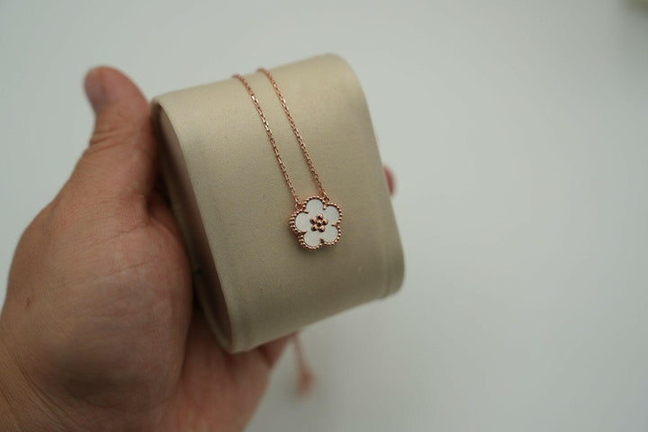 Mother of Pearl Lucky Spring Blossom Necklace 18K Rose Gold Chain.