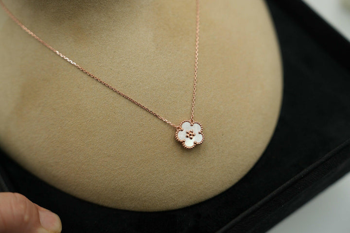 Mother of Pearl Lucky Spring Blossom Necklace 18K Rose Gold Chain.