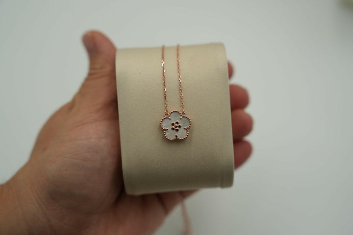 Mother of Pearl Lucky Spring Blossom Necklace 18K Rose Gold Chain.