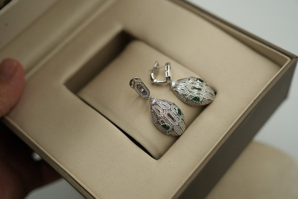 CZ Serpent Earrings Green Eyes Push Back 925 Silver 18k White Gold Plated Snake Head Earrings Bijou Era Store