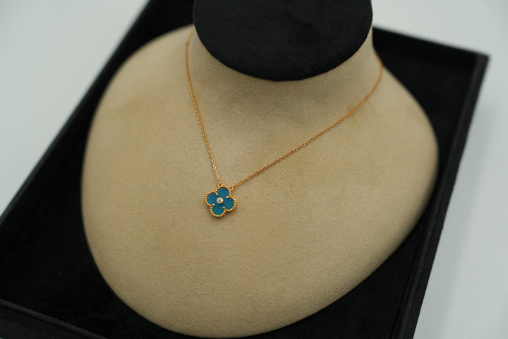 CZ Blue Agate Necklace with CZ 15mm Clover Motif Necklace 925 Silver 18k Gold.