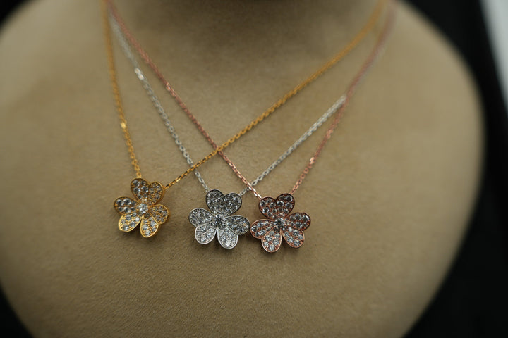 CZ Floral Necklace 3 Petal Flower Charm Paved CVs 925 Silver Gold White Gold Rose Gold Bijou Era Store