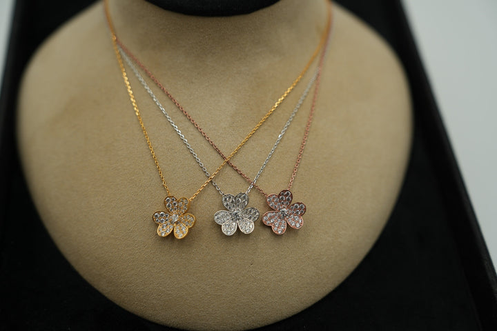 CZ Floral Necklace 3 Petal Flower Charm Paved CVs 925 Silver Gold White Gold Rose Gold Bijou Era Store