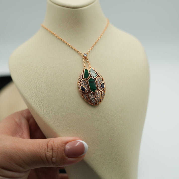 Malachite CZ Serpent Necklace Snake Pendant Necklace 925 Silver 18k Rose Gold Plated Bijou Era Store