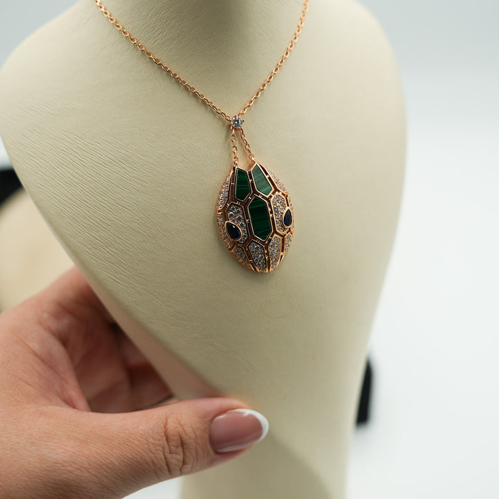 Malachite CZ Serpent Necklace Snake Pendant Necklace 925 Silver 18k Rose Gold Plated Bijou Era Store