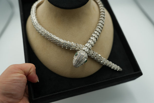 CZ Serpent Necklace 925 Silver 18k White Gold Plated Snake Head Necklace Green Eyes Bijou Era Store