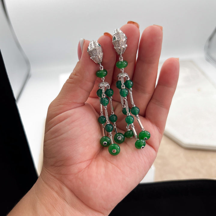 Serpent Tassel Earrings Green & White Gold 925 Silver 18k White Gold Plated Push Back Viper Snake Head Earrings Green Eyes Drop Tassel Earrings Bijou Era Store