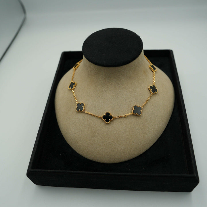 Onyx 10 Motif Necklace 925 Silver 18k Gold Plated 15mm Clover.