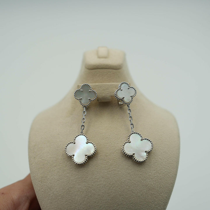 Mother of Pearl 2 Motif Clover Drop Earrings 18K White Gold.