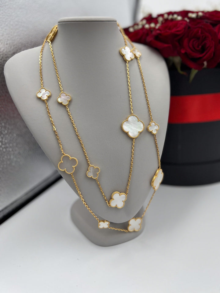 Mother of Pearl Clover 16 Motif Necklace 120cm Long 925 Silver 18k Gold Plated Bijou Era Store