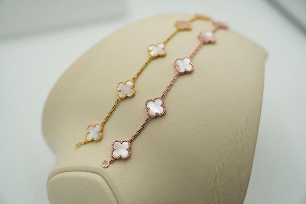 Pink Mother of Pearl 5 Motif Bracelet 15mm Clover 18k Gold Bijou Era Store
