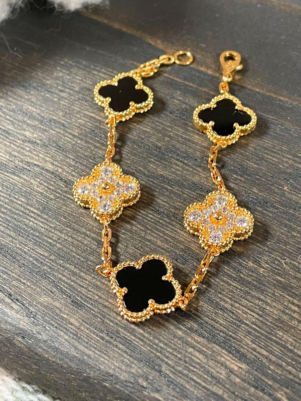 CZ & Onyx 5 Clover Gold Bracelet 15mm Alternate Motif Charm Bracelet.