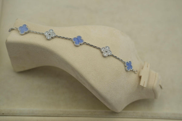 5 Motif Alternate Chalcedony CZ Bracelet 15mm Clover Bracelet 925 Silver White Gold.