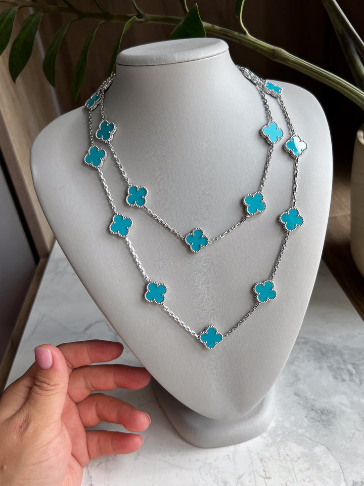 Turquoise 20 Motif Necklace 15mm Clover 925 Silver 18k White Gold Plated Bijou Era Store