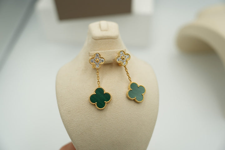 CZ Malachite 2 Motif Earrings 2 Clover Drop Earrings 925 Silver 18k Gold Plated Push Back Bijou Era Store