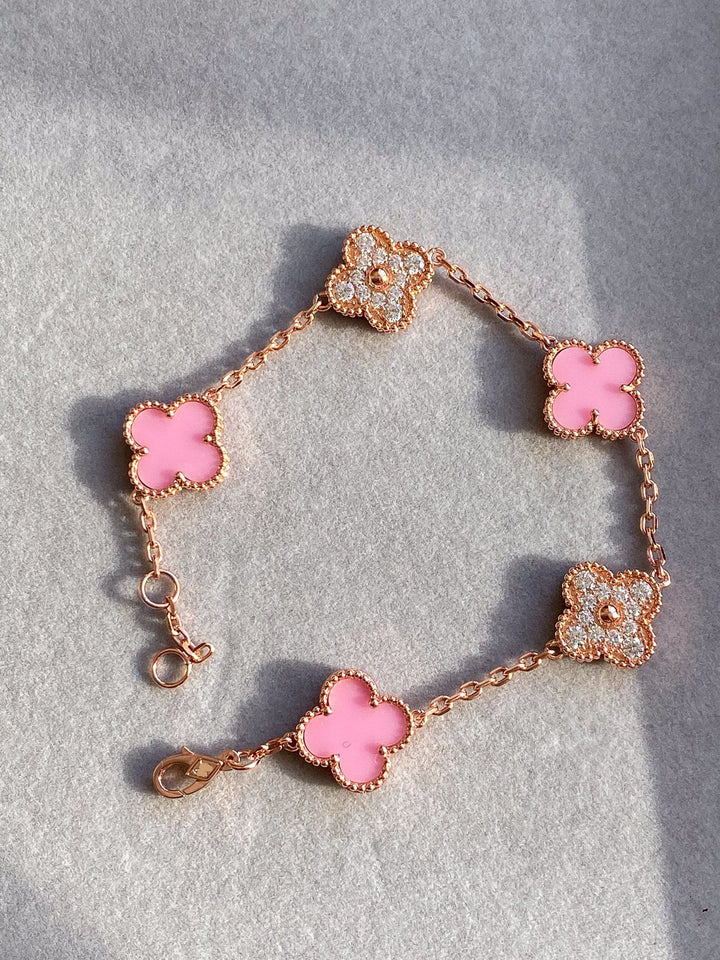 CZ & Pink Porcelain 5 Motif Bracelet 15mm Clover 18k Rose Gold.