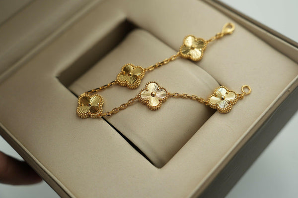 Guilloche 5 Motif Bracelet 15mm Lucky Leaf 18k Gold Plated.