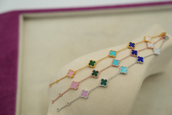 Assorted Gemstone 10mm Clover Bracelet 5 Motif 18K Gold/White/Rose Gold Bijou Era Store