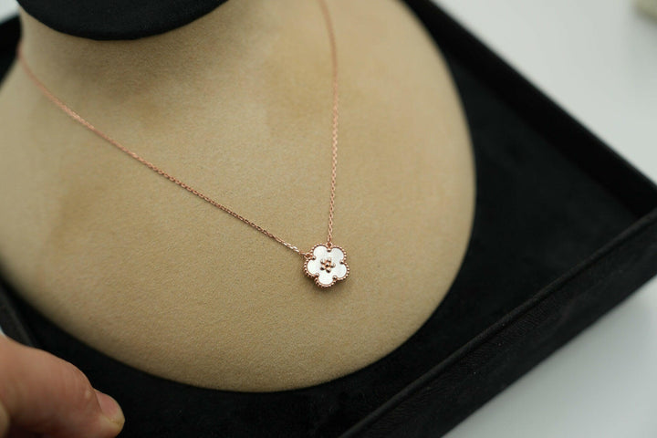 Mother of Pearl Lucky Spring Blossom Necklace 18K Rose Gold Chain.