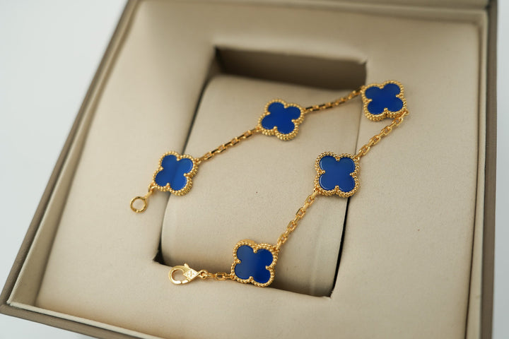 Blue Agate 5 Motif Bracelet 15mm Clover 18K Gold.