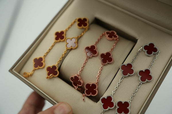 Carnelian 5 Motif Bracelet 15mm Clover Charm Bracelet Gold White Gold Rose Gold.