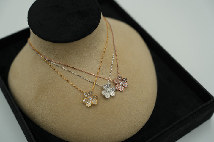 CZ Floral Necklace 3 Petal Flower Charm Paved CVs 925 Silver Gold White Gold Rose Gold Bijou Era Store