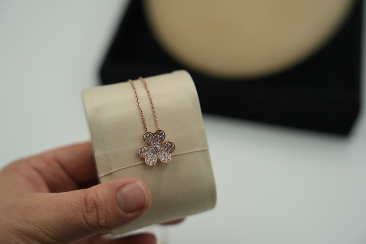 CZ Floral Necklace 3 Petal Flower Charm Paved CVs 925 Silver Gold White Gold Rose Gold Bijou Era Store