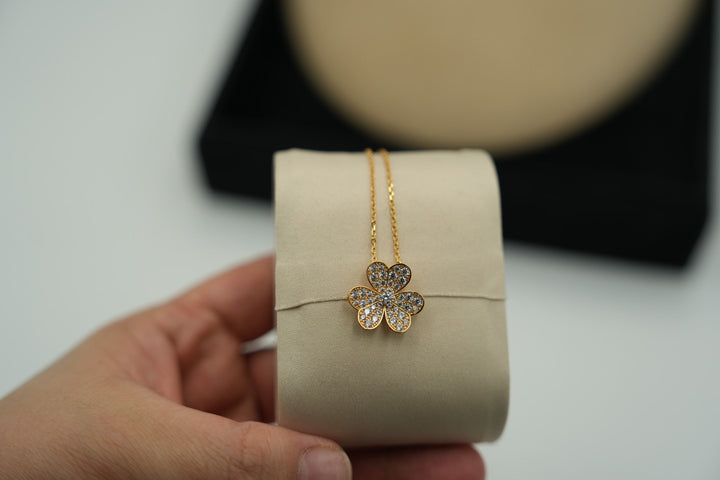 CZ Floral Necklace 3 Petal Flower Charm Paved CVs 925 Silver Gold White Gold Rose Gold Bijou Era Store