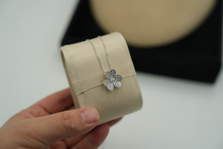 CZ Floral Necklace 3 Petal Flower Charm Paved CVs 925 Silver Gold White Gold Rose Gold Bijou Era Store