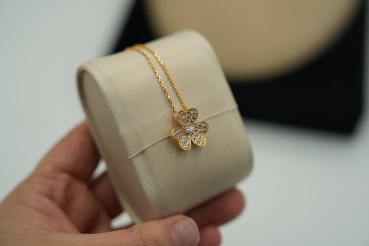 CZ Floral Necklace 3 Petal Flower Charm Paved CVs 925 Silver Gold White Gold Rose Gold Bijou Era Store